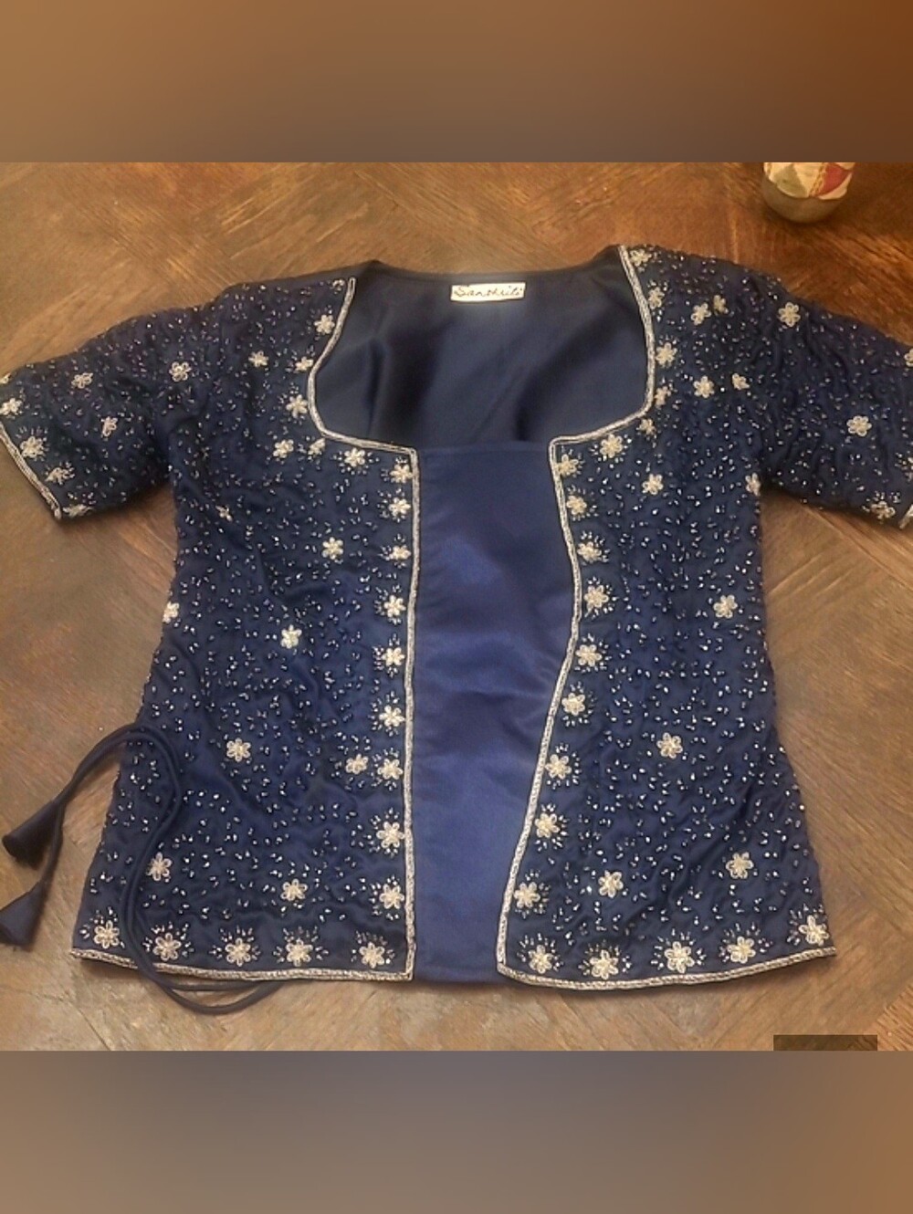 Embroidered Navy Short Sleeve Wrap Top by